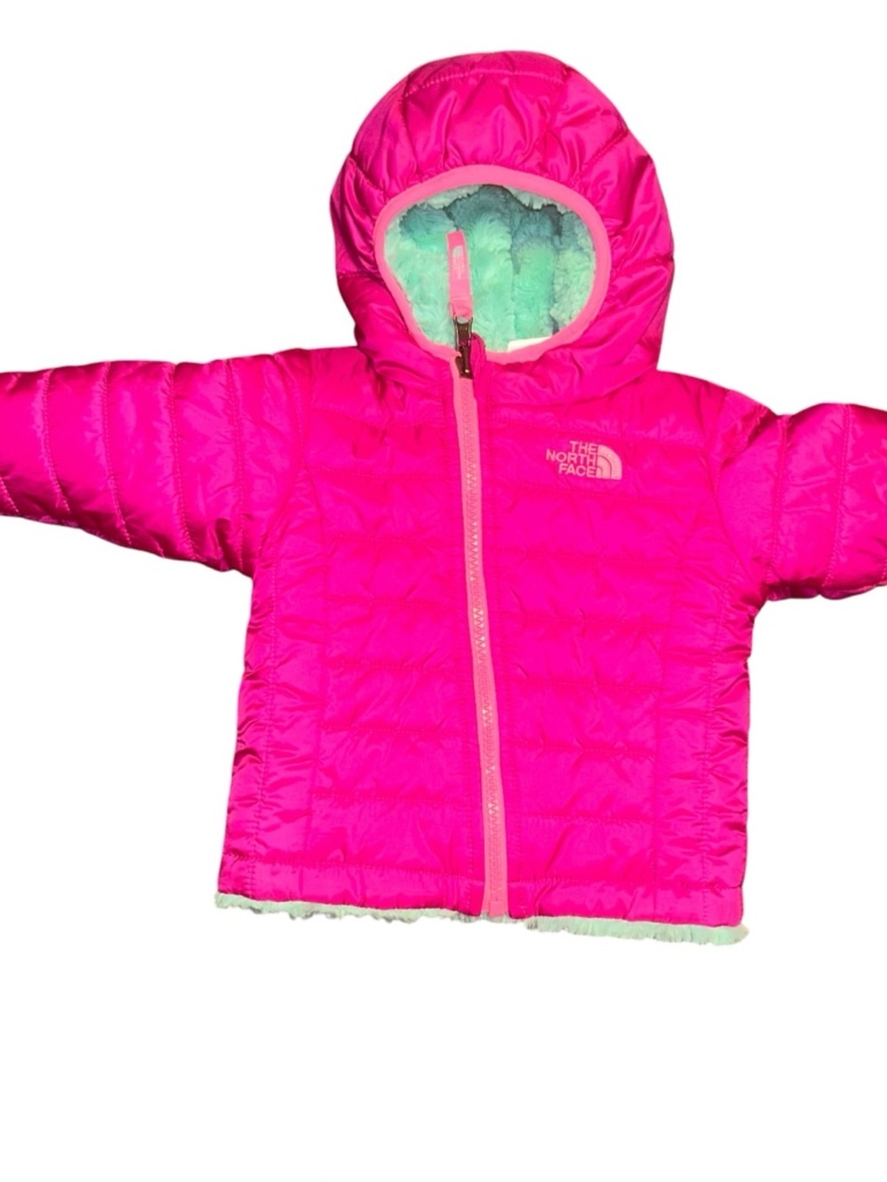 Infant Girl north face reversible pink jacket/coat with hood 3-6 months baby